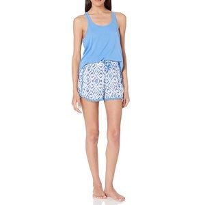 NWOT Mae Sleepwear Racerback with Crochet Insert Pajama Set, Blue Diamond Print